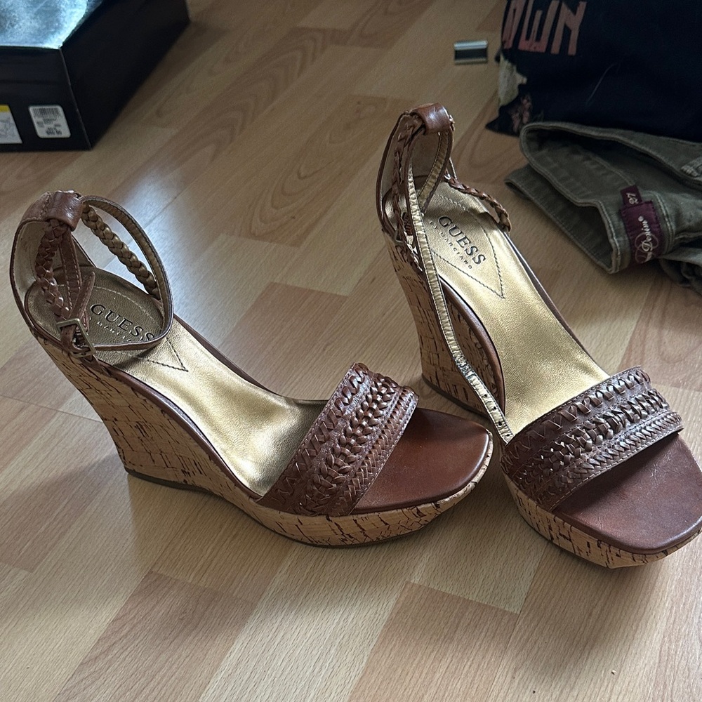 Guess Brown Woven Wedge Sandals